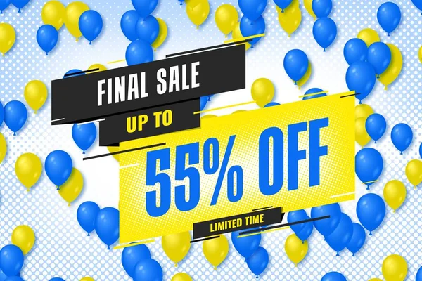 55 fifty-five Percent off sale discount shopping banner balloon background. frame