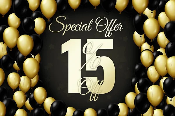 Golden and black balloons on a black background Black friday Price labele sale 15 promotion market discount percent. business