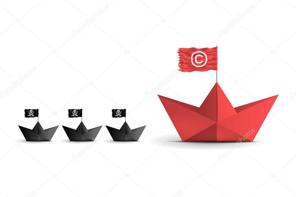 Pirate boat copyright intellectual property metaphor concept. creative