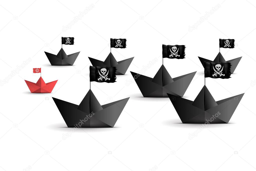 Pirate boat copyright intellectual property metaphor concept. cartoon idea