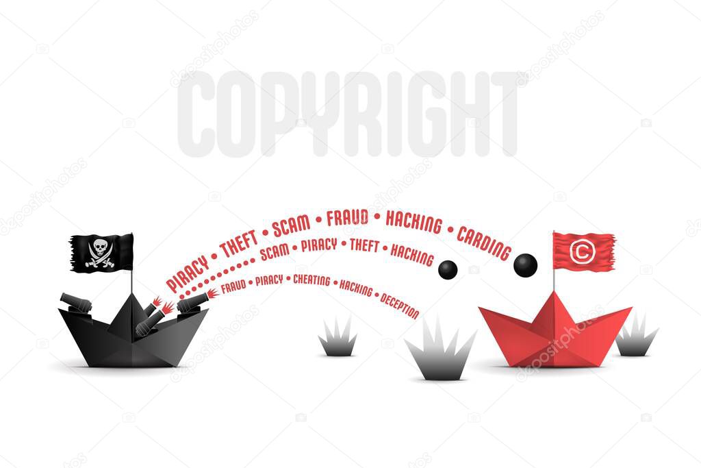 Pirate boat copyright intellectual property metaphor concept. technology copyright