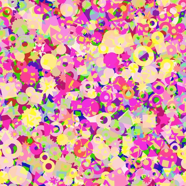 Kids geometric shapes seamless vector pattern. Triangles, dots, stars, and circles in pink, orange, red, and yellow background. Geometric shapes backdrop for fabric, surface pattern decor