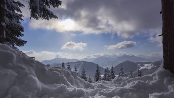 Inverno innevato paesaggio montano e forestale, nevicate leggere. — Video Stock