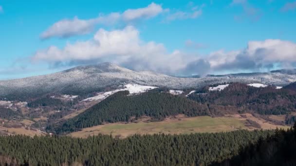 冬の自然の風景の中で雪に覆われた山々を移動する壮大な霧の雲 — ストック動画