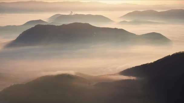 De mist stroomt rond de beboste heuvels in de glans van de zonnestralen bij zonsopgang — Stockvideo