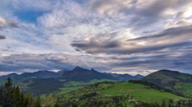 Green spring blooming landscape after rain. Grassy pastures in a hilly landscape. Zoom in