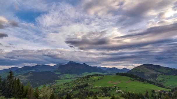 Green spring blooming landscape after rain. Grassy pastures in a hilly landscape. Colorful clouds — Wideo stockowe