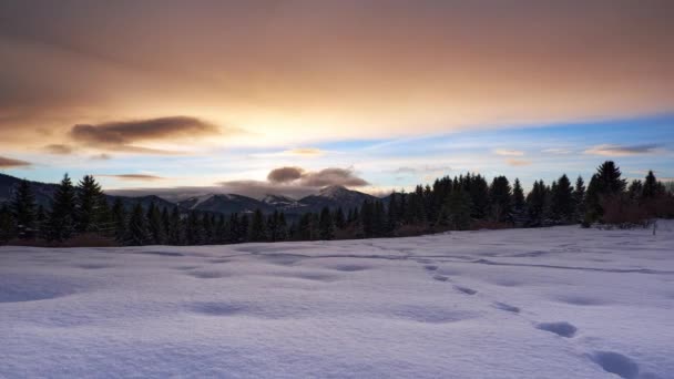 日没の冬の山の森の風景。雪の山の上に雲。森の中の雪 — ストック動画