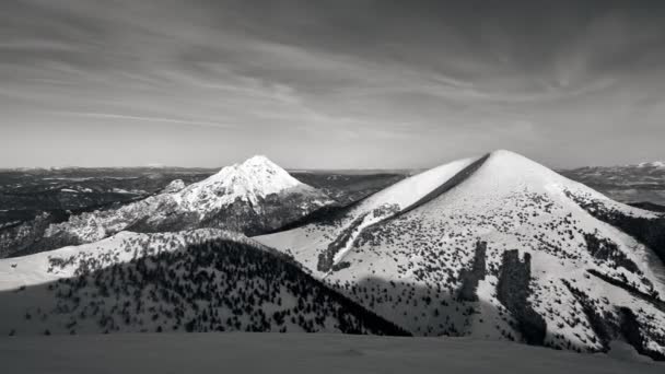 Winter mountain landscape on a sunny day with clouds, panoramic landscape,black and white — Video Stock