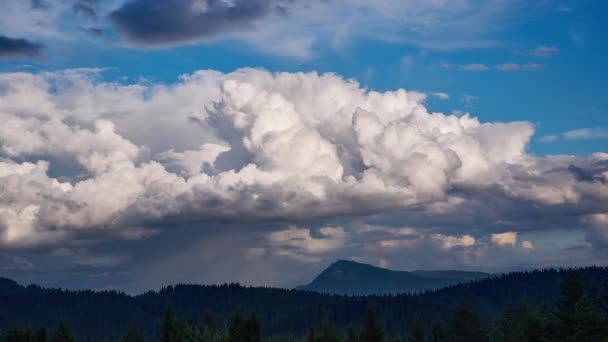 Stora cumulus molnigt skogslandskap. En regnbåge bildas 4K — Stockvideo