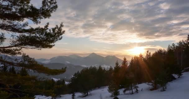 Ηλιοβασίλεμα στο χειμερινό ορεινό τοπίο στο δάσος — Αρχείο Βίντεο