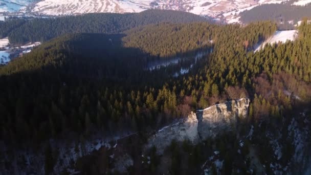 Вид з повітря на кам'янисту скелю в ялинових зимових лісах . — стокове відео