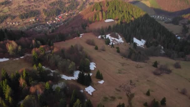 Légi drón kilátás erdő és rétek tavasszal, egy hegyi erdős faluban. — Stock videók