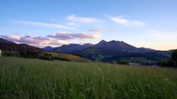 タイムラプス4K 緑の芝生の牧草地と朝の光 黄金の時間の美しい山のパノラマ — ストック動画