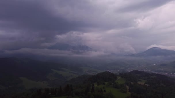 Flying Misty Mountains Hills Countryside Beautiful Rainy Day Countryside High — Stock Video