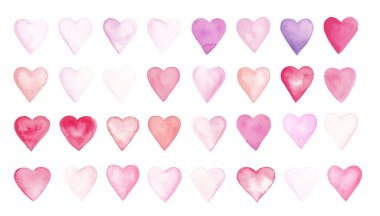 Geçmişi suluboya kalplerle dolu. Soyut suluboya kalp geçmişi. Aşk kavramı, Sevgililer Günü kartı. Kalplerin orta büyüklüğü.