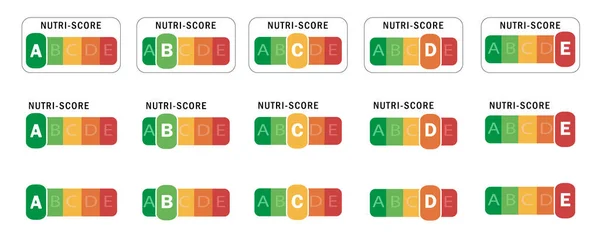 Nutriscore horizontal stickers set. 5-Colour Nutrition Label. Nutri-Score system in France. Consumer-friendly labeling. Vector Nutri-Score system sign. Health care symbol logo for packaging design
