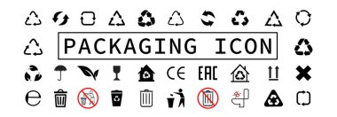 Paketleme simgeleri ayarlandı. Çöp kutusu. Standart işaretler. Çöp kutusu simgesi ve geri dönüşüm simgeleri ayarlandı. Geri dönüşüm sembolleri. Tuvaletin sifonunu çekme. STOCK Vektör grafikleri