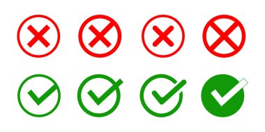 Kızıl Haç x vektör simgesi ve Yeşil Deneme işareti. Yeşil onay işareti. Kırmızı yanlış işaret. Evet söyle. Yanlış sembol yok. 