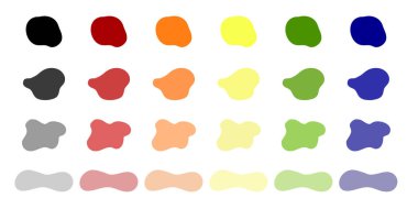 Lekeler, renk vektörü. Organik soyut leke koleksiyonu. Damlalar ve mürekkep damlaları. Boya sıçraması. Islak noktalar, sıvı boya damlaları ve mürekkep sıçramaları.. 