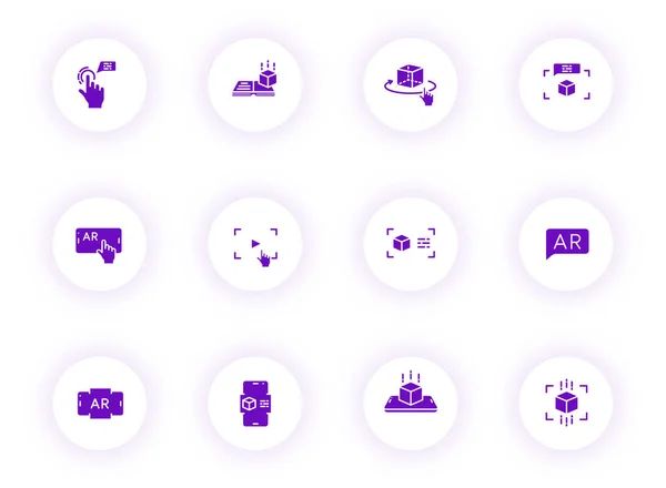 Arttırılmış gerçeklik mor renkli vektör simgeleri mor gölgeli ışık yuvarlak düğmeler üzerinde. Web, mobil uygulamalar, ui tasarımı ve yazdırma için arttırılmış gerçeklik simgesi seti