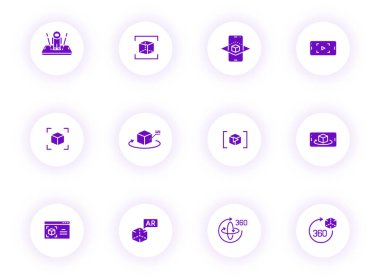 Arttırılmış gerçeklik mor renkli vektör simgeleri mor gölgeli ışık yuvarlak düğmeler üzerinde. Web, mobil uygulamalar, ui tasarımı ve yazdırma için arttırılmış gerçeklik simgesi seti
