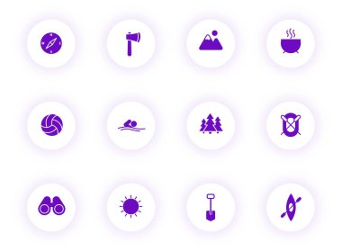 Mor gölgeli ışık yuvarlak düğmelerde mor renk vektör simgeleri. Web için kamp simgesi seti, mobil uygulamalar, ui tasarım ve yazdırma