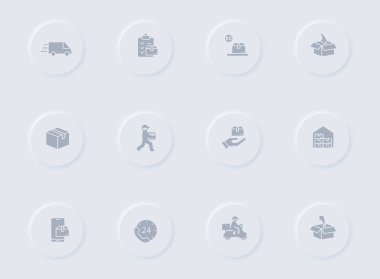 Yuvarlak lastik düğmelere gri vektör simgeleri gönder. Web, mobil uygulamalar, ui tasarım ve tanıtım işleri yalan makinesi için dağıtım simgesi