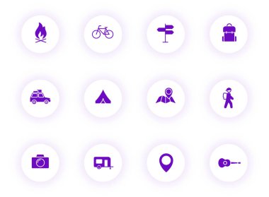 Mor gölgeli ışık yuvarlak düğmelerde mor renk vektör simgeleri. Web için kamp simgesi seti, mobil uygulamalar, ui tasarım ve yazdırma