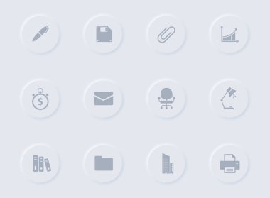 yuvarlak lastik düğmelerde ofis gri vektör simgeleri. Web, mobil uygulamalar, ui tasarım ve tanıtım işleri yalan makinesi için ofis simgesi seti