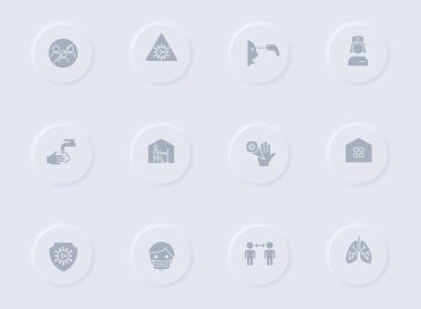 Lastik düğmelerde koronavirüs gri vektör simgeleri. İnternet, mobil uygulamalar, ui tasarım ve tanıtım işleri için koronavirüs simgesi seti