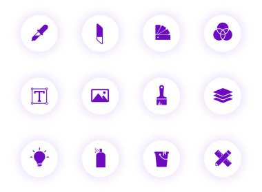 Sanat ve tasarım mor renkli vektör simgeleri mor gölgeli ışık yuvarlak düğmeler üzerinde. Web, mobil uygulamalar, ui tasarım ve yazdırma için resim ve tasarım simgesi