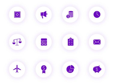 business purple color vector icons on light round buttons