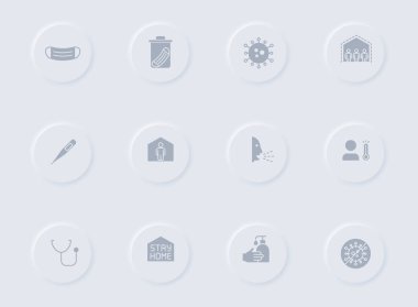 coronavirus gray vector icons on round rubber buttons