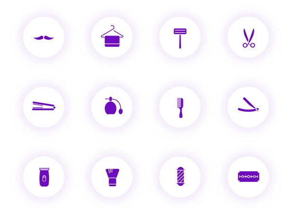 Barbershop purple color vector icons on light round buttons — 스톡 벡터
