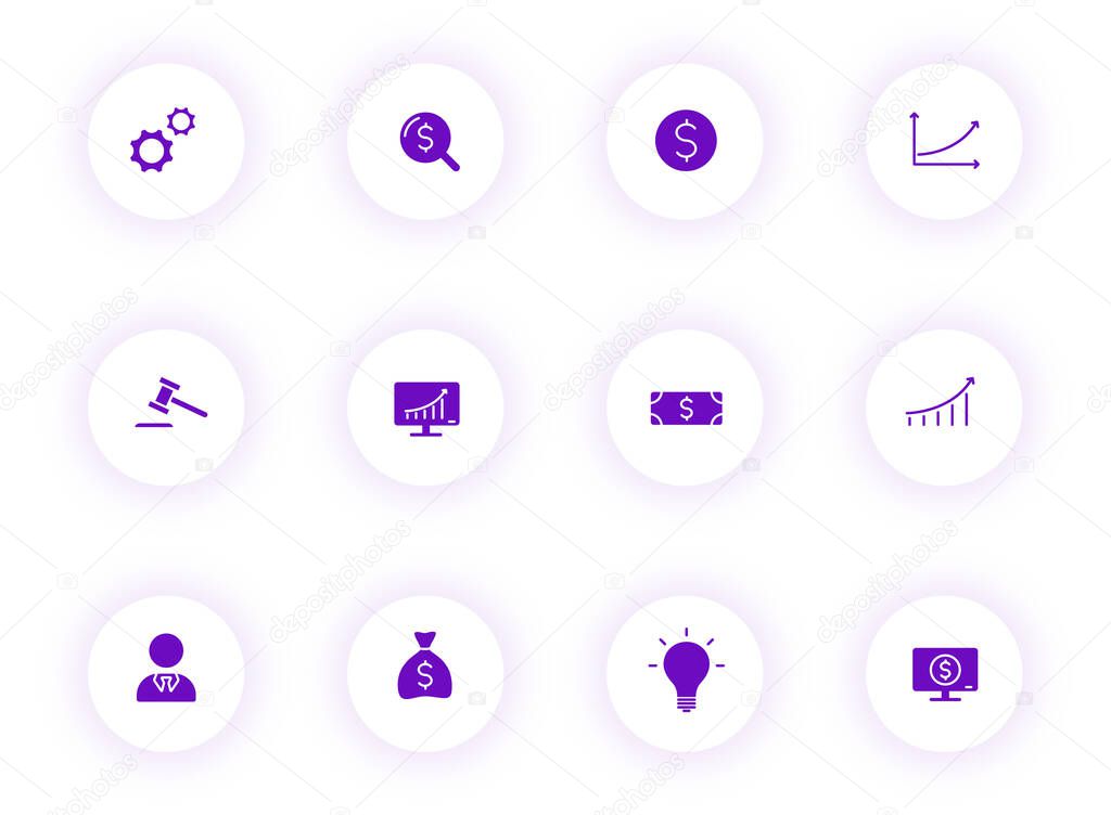 Business purple color vector icons on light round buttons with purple shadow. business icon set for web, mobile apps, ui design and print
