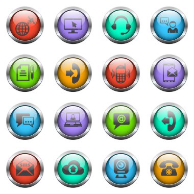 Renkli cam düğmelerdeki iletişim vektör simgeleri