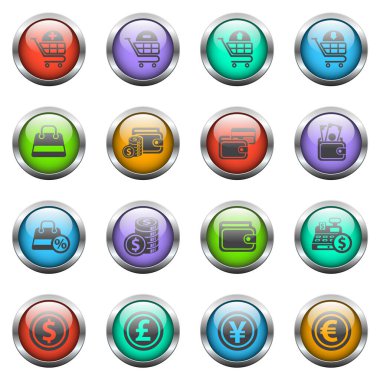 Renkli cam düğmeler üzerindeki e-ticaret vektör simgeleri