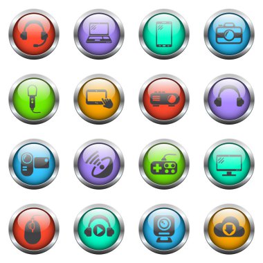 Renkli cam düğmelerdeki yüksek teknoloji vektör simgeleri