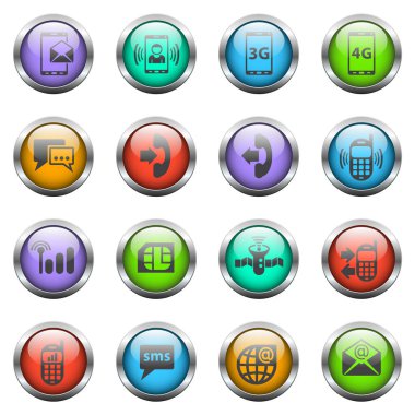 Renkli cam düğmelerde mobil bağlantı vektör simgeleri