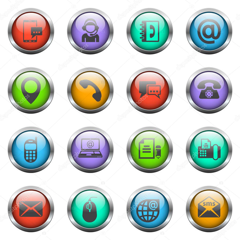 contact us vector icons on color glass buttons