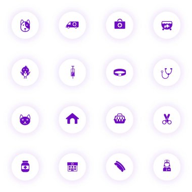 Veterinerlik kliniği mor renk vektör simgeleri