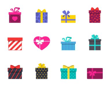 Hediye kutusu rengi düz çizimler. Hediye kutusu simgesi beyaz arkaplanda izole edildi. Web için hediye kutusu vektör simgeleri, mobil uygulamalar, ui tasarım ve yazdırma. Tatil alışverişi konsepti