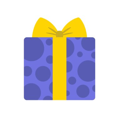 Hediye kutusu rengi düz çizim. Bağcık desenli mor hediye kutusu, sarı kurdele ve beyaz arka planda izole edilmiş yay vektör ikonu. Web, ui tasarım, baskı ve tebrik kartları için bayram hediyesi simgesi