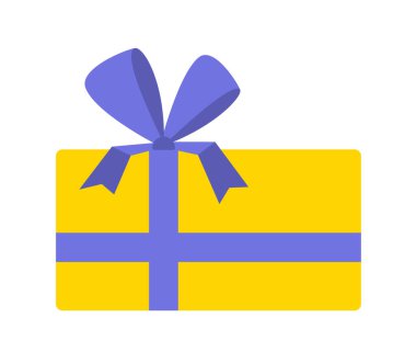 Hediye kutusu rengi düz çizim. Beyaz arka planda mor kurdeleli sarı hediye kutusu ve yay simgesi var. Web tasarımı için tatil hediyesi illüstrasyonu, ui, baskı, tebrik kartları, broşürler, el ilanları