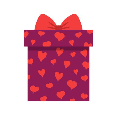 Kırmızı yay ve kupa desenli bir hediye kutusu. Beyaz arkaplanda izole edilmiş renkli düz vektör çizimi. Sevgililer günü, anneler günü, doğum günü ve düğün için örnek vektör ikonu olan hediye kutusu.