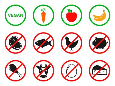 Bifteğe, balığa, domuza, kümes hayvanlarına, yumurtaya, hayvansal gıdaya hayır de. Kırmızı yasaklama yasağı yassı vektör simgelerini gösterir. Çiğ, vejetaryen, vejetaryen, biyolojik sağlıklı yiyecekler. Hayvanları yemeyi reddediyor.