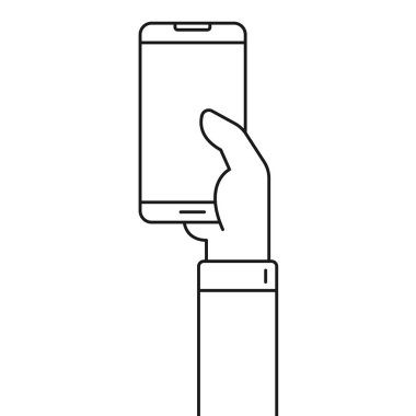 Beyaz arka planda izole edilmiş akıllı telefon çizimi insan eliyle tutuluyor. Web ve ui iş tasarımı için siyah dokunuşlu taslak vektör çizimi