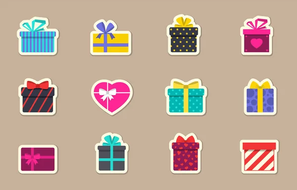 Gift Box Color Flat Stickers Gift Paper Sticker Icon Set — 스톡 벡터
