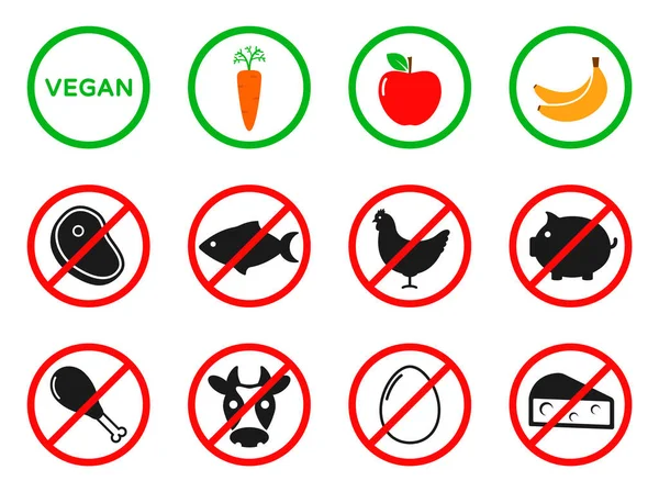 Bifteğe, balığa, domuza, kümes hayvanlarına, yumurtaya, hayvansal gıdaya hayır de. Kırmızı yasaklama yasağı yassı vektör simgelerini gösterir. Çiğ, vejetaryen, vejetaryen, biyolojik sağlıklı yiyecekler. Hayvanları yemeyi reddediyor.
